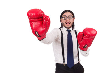 Funny young  businessman with boxing gloves isolated on white