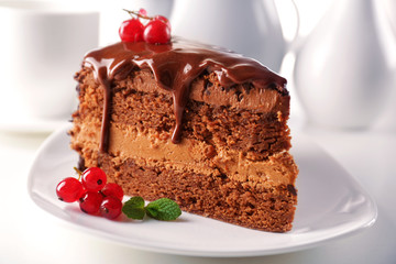 Delicious chocolate cake on plate on table on light background