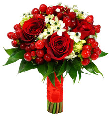 Obraz premium Bridal bouquet of red roses hypericum and ornithogalum