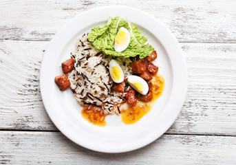 Tasty rice served on table, close-up