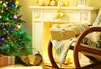 Beautiful Christmas interior with decorative fireplace and