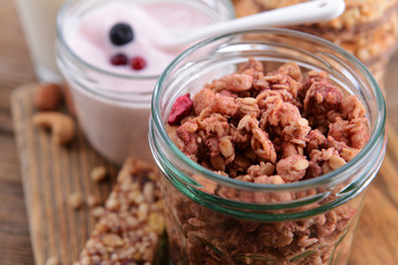 Healthy breakfast. Granola on table
