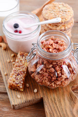Healthy breakfast. Granola on table
