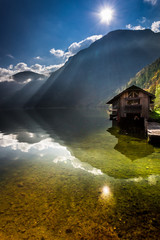 Fototapeta premium Old wooden haven at mountain lake