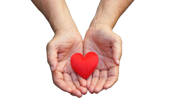 old hands of the elderly giving a red heart