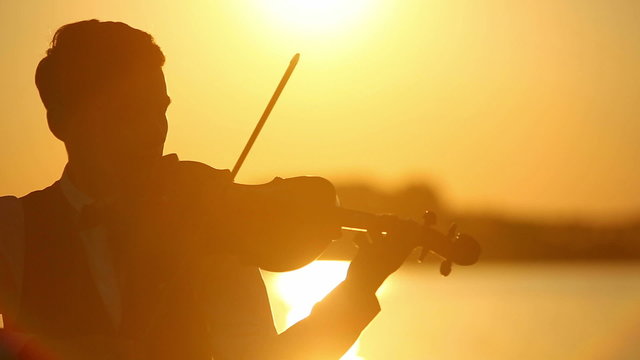 Violinist man play violin on nature at the sunset