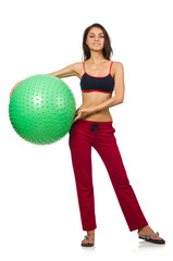 Fototapeta premium Woman exercising with ball isolated on white