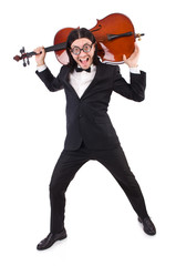 Obraz premium Funny man with music instrument on white