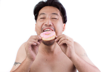 fat man looking at donuts on white background