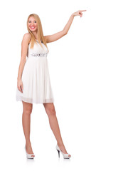 Naklejka premium Woman pressing virtual button isolated on white