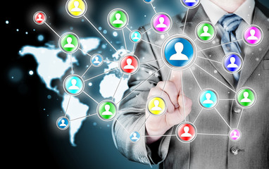 man hand pressing social media icon