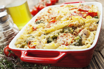 Casserole pasta with chicken and broccoli