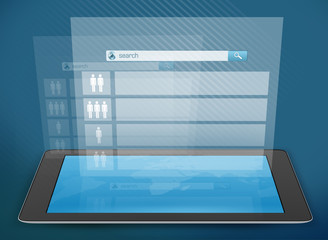 Search virtual window with icons of people located on a tablet.