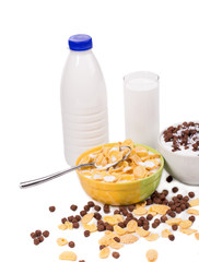 Bowl of corn flakes and milk.
