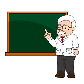 illustration of a professor or teacher at a chalkboard.