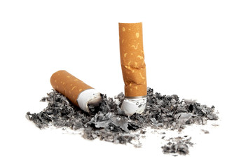 Cigarette butts with ash isolated on white background