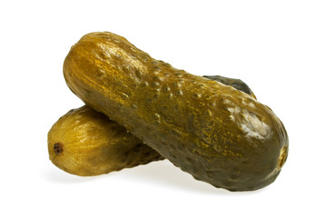 Marinated pickled cucumbers on a white background
