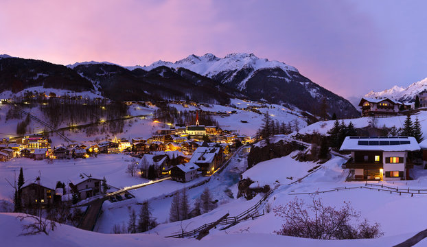 Mountains ski resort Solden Austria at sunset