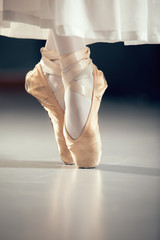 Dancer in ballet shoes, isolated on gray