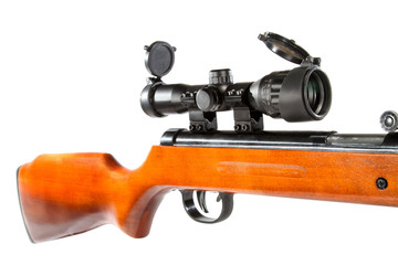 air rifle with a telescopic sight and a wooden butt