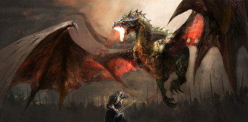 knight fighting dragon - obrazy, fototapety, plakaty