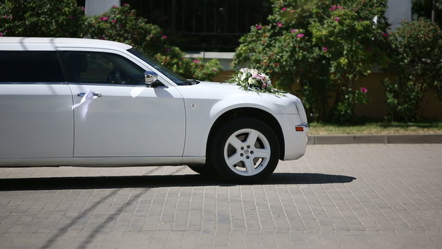 White wedding limousine outdoor shooting. Sequence