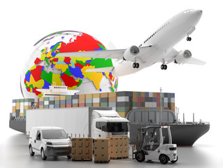 International goods transport with globe on background