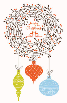 Fototapeta Christmas wreath and Christmas balls. Vector background