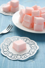 Homemade pink marshmallows selective focus