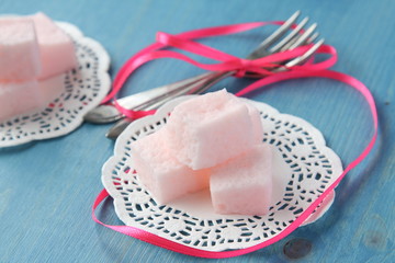 Homemade pink marshmallows selective focus