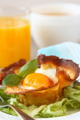 Homemade pancake baskets with egg and mushrooms