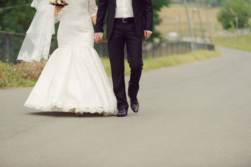 Newlyweds Walking in Park