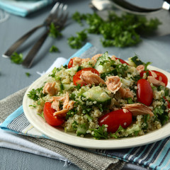 Tabbouleh salad with quinoa and salmon