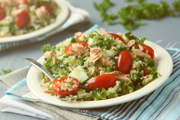 Tabbouleh salad with quinoa and salmon