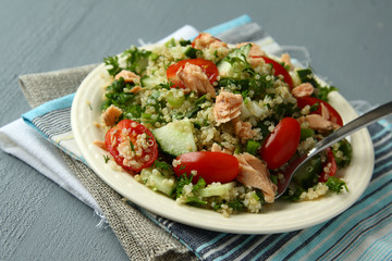 Tabbouleh salad with quinoa and salmon