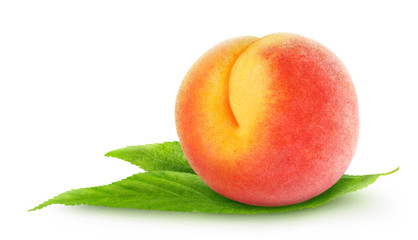 Isolated peach. One peach on leaves over white background, with clipping path