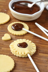 Process of baking homemade shortbread cookies with chocolate