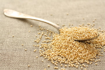 Quinoa grain in metal spoon on sackcloth background
