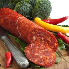 Spanish chorizo sausage with chili peppers and broccoli