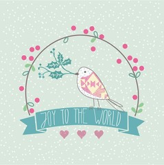Joy To The World Doodle Christmas Card With Cute Bird