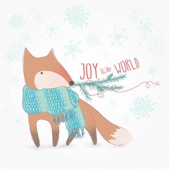 Joy To The World Doodle Christmas Card With Cute Fox