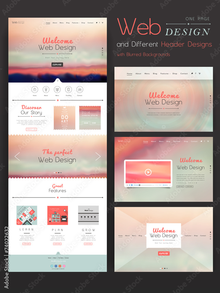 Wall mural one page website template design with blurred background