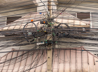 The tangle of cables and wires in city