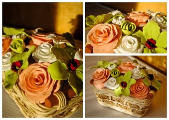 flowers from polymer clay in a basket