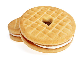 Sandwich cookies with jam on a white background