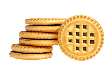 Sandwich biscuits with chocolate filling on a white background