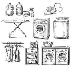 Big wash. Laundry objects. Vector sketch.