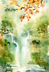 Watercolor illustration of beautiful waterfall and mountains