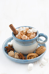 cup of cocoa with marshmallows, cinnamon and cookies on white