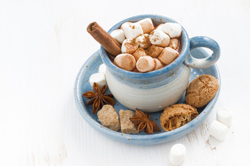 cocoa with marshmallows, cinnamon and cookies on white wood